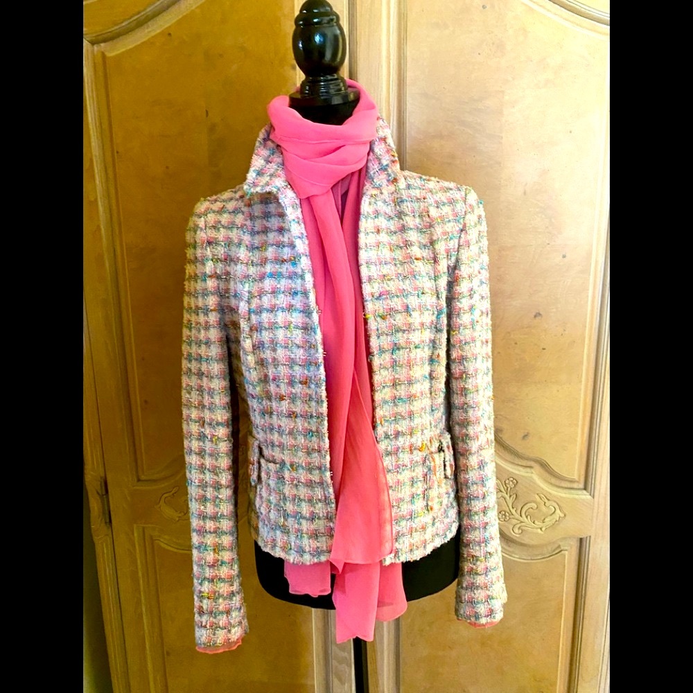 Lea Rome made in France fashionable tweed jacket in multi pastel colors.
